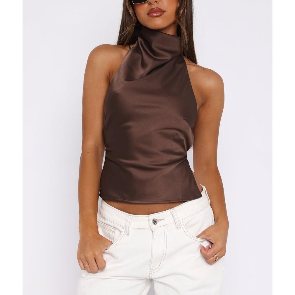 Women's Satin Tank Top Halter Backless Sleeveless Crop Dressy Casual - Picture 2 of 5